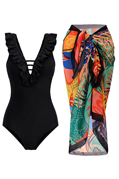 CUPSEA Slimming Effect Ruffled Front Black Swimsuit Orange Leaf Pareo 2-Piece...