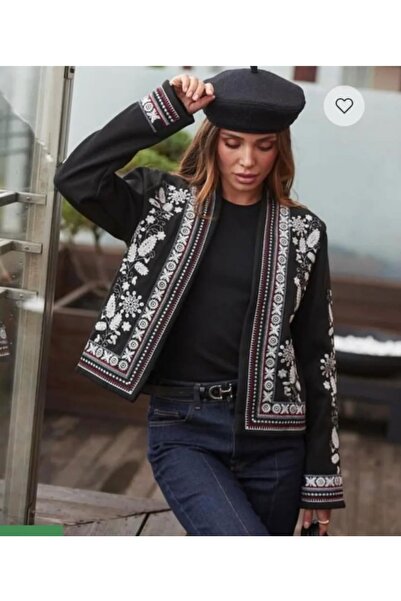 Sosyete Kaplumbağa Short Cashmere Jacket with Long Sleeves and Ethnic Pattern...