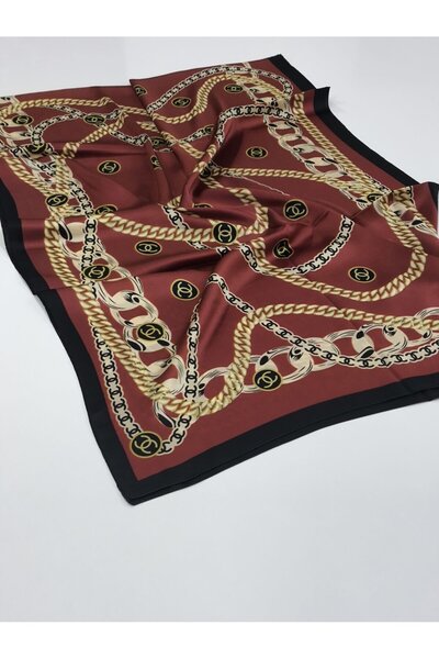 PİRAMİT Vual Silk Shawl with Chain Logo Black Burgundy