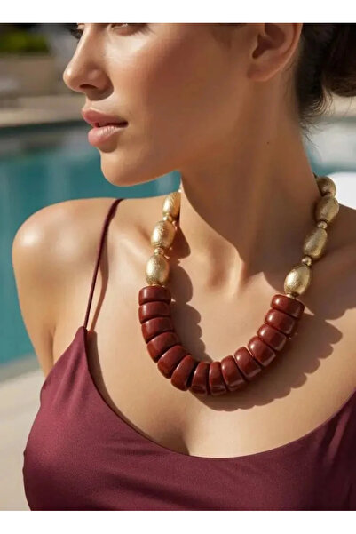 Dorvina Acrylic Bead Necklace Burgundy Gold Detailed Special Design Bijouteri...