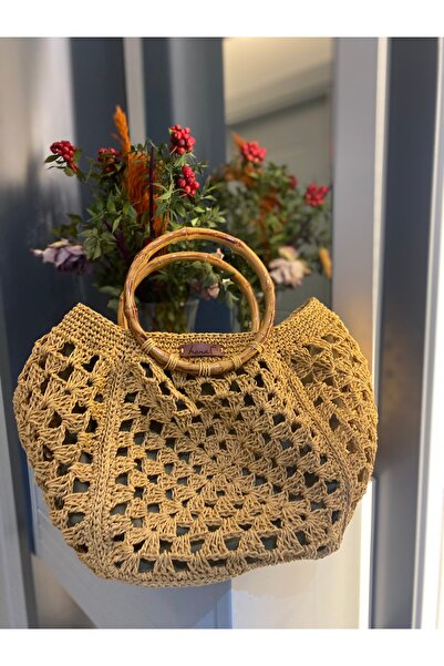 henaabag El Yapımı Kadın Örgü El Çantası, Bambu Saplı Kadın Motifli Çanta