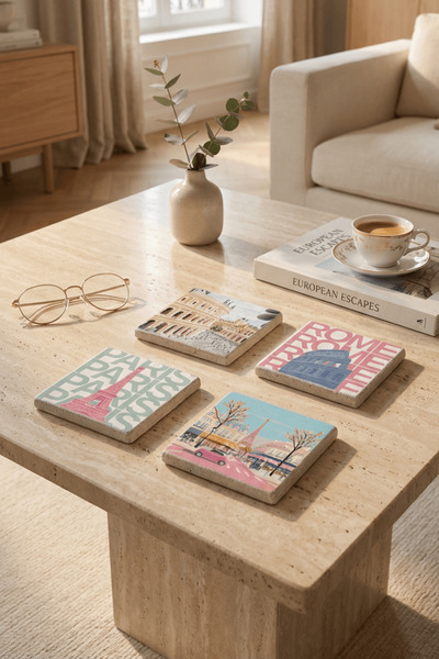 Baumatelier Paris and Rome Patterned Love-Themed Natural Stone Travertine Coa...