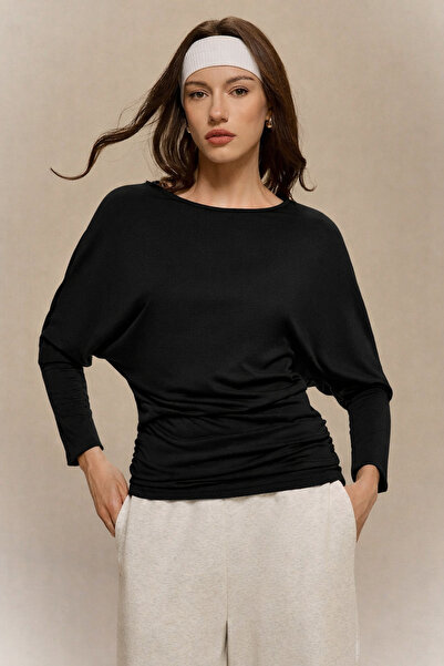 WEEST MODA Black Batwing Sleeve Side Ruched Crew Neck Blouse