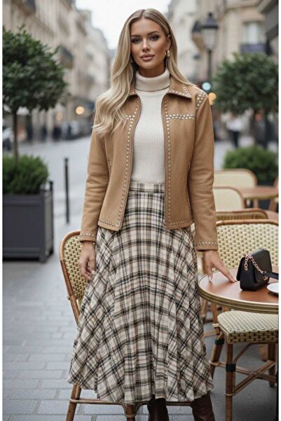 Butik Şenel Rivet Detailed Suede Fur Lined Coat