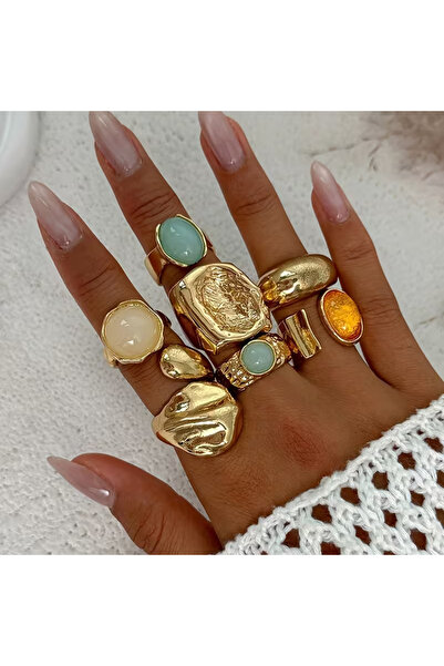 Takıtolia Susie Model Set of 8 Vintage Gold Rings with Pastel Natural Stone Look