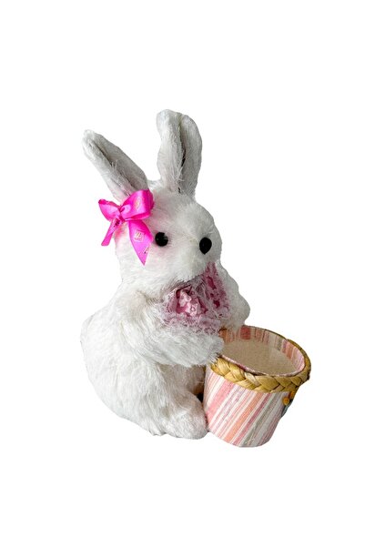 velve Decoratiune pentru Paste, iepuras alb, aspect realist, cu cosulet roz, ...
