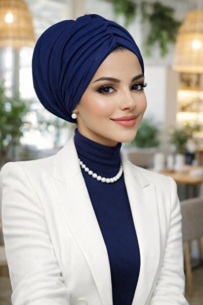 Aişe tesettür Lacivert Günlük ve Abiye Kullanılabilir Büzgülü Salaş Bone