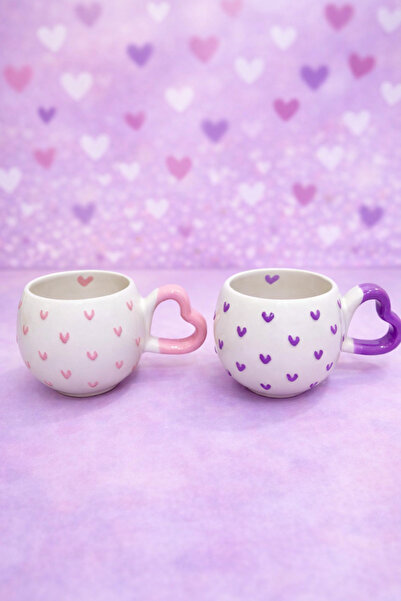 SırART 2'Li Heart Handle Pink - Purple Inner Heart Detail Special Embossed Fu...