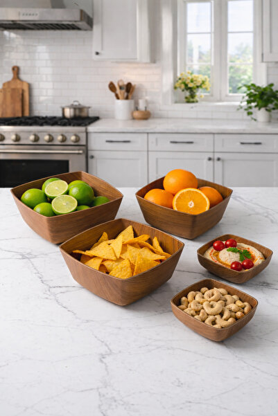 CASTEROLİ طقم أوعية مربعة من 5 قطع بمظهر خشبي - مجموعة عرض أنيقة متعددة الأغراض