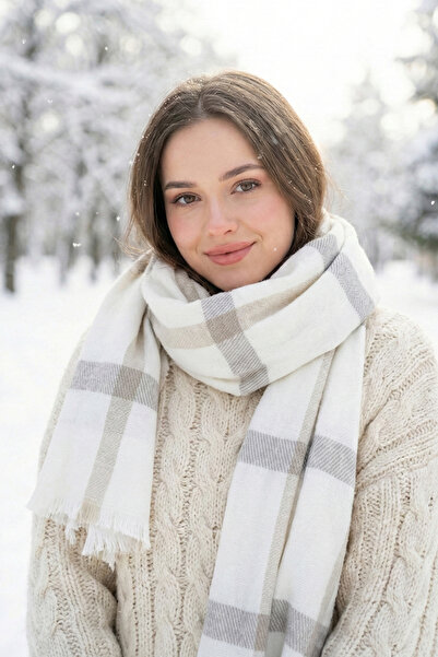 Kapin Cream Square Patterned Tassel Shoulder Shawl Scarf 70X180Cm