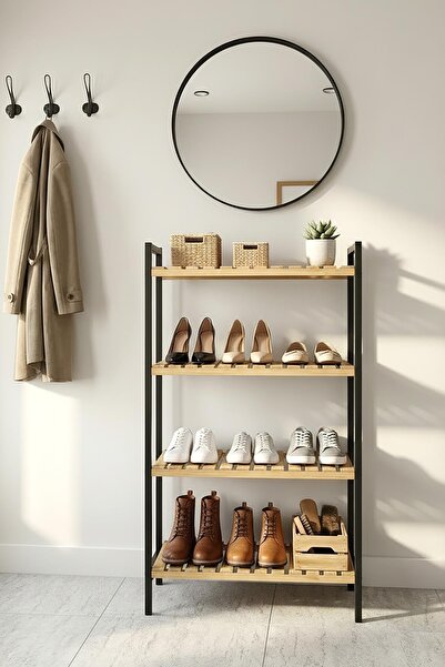 Exent Dekoratif 4 Raflı Ayakkabılık, Kayın Çubuklu Ahşap Ayakkabılık, Metal i...