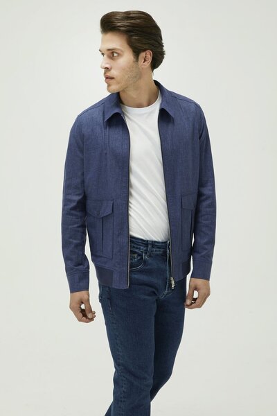 Andrea Nicolotti Navy Blue Linen Blend Regular Fit Zippered Transitional Men'...