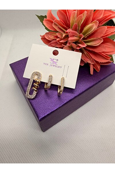 YSX JEWELRY Zircon Stone Rose Gold Clasp Needle Model 3-Piece Steel Earring Set