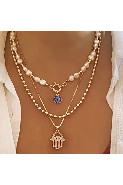 Takıtolia قلادة ذهبية مكونة من 3 قطع بتصميم باروكي مع لؤلؤ وتماثيل العين الشر...