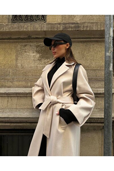 LUJJE Herringbone Pattern Ecru Long Cashmere Coat