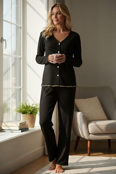 RUKOD Premium Women's Corded Fabric Pajama Set – Black Gold Piped Detail , So...