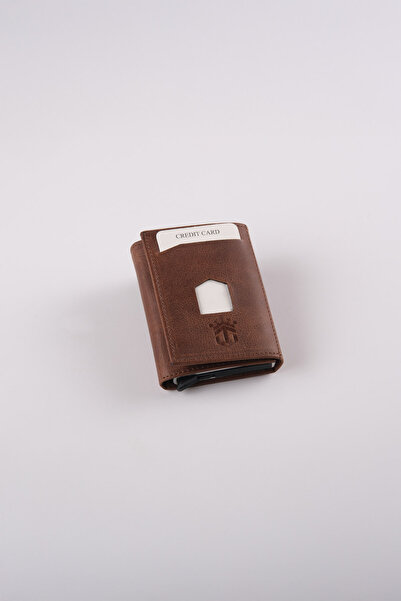Ancora Leather Genuine Leather Crazy Leather Men's Wallet with Automatic Card Holder Mechanism Brown Snap Fastener