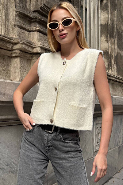 bacc Women's ecru double pocket gold button soft vest blouse bchzck-251262