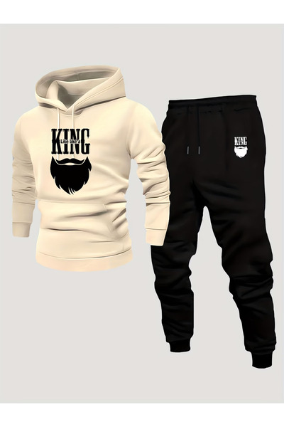ibibik moda King Printed Hooded Tracksuit Set - Hooded Sweatshirt Bottom Top Set