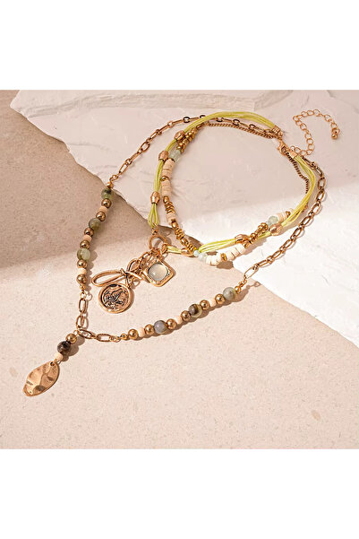 Takıtolia Chollen Model Green Corded and Natural Beaded Multiple Chain Medall...
