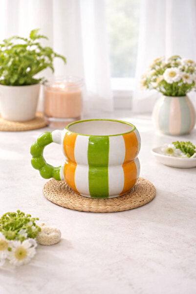 SırART Bead Handle Orange - Green Striped Patterned Special Design Fully Hand...