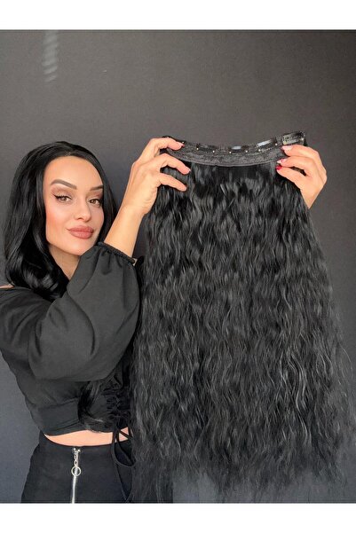 Suzan Peruk Siyah Kıvırcık Yarımay +2 yan çıtçıt saç ^3 parça tam set-Fönlene...