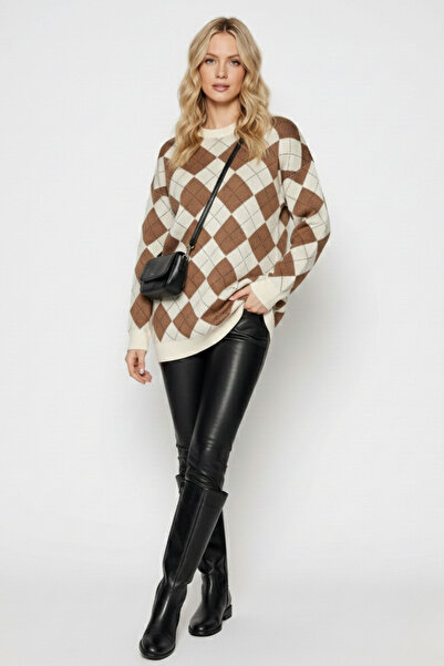 ABAY GİYİM Women's Small Argyle Pattern Knitwear Tunic Sweater Crew Neck Long...