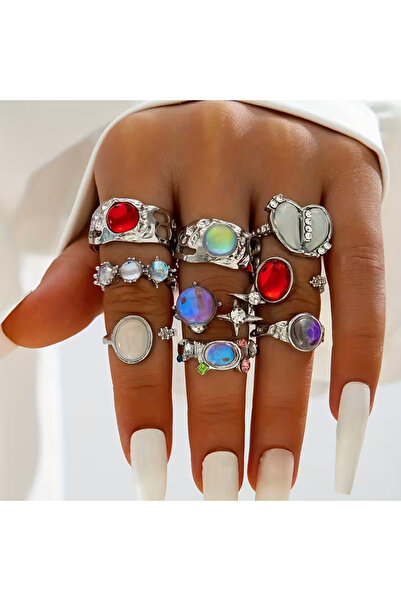 Takıtolia Alise - Silver 9 Pieces Crystal Stone Red Stylish Design Vintage Mu...