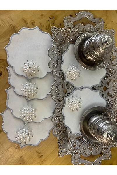 MİNOZA 6 Pieces of Embroidered Stain-Resistant Gardenia Fabric Cocktail & Cof...