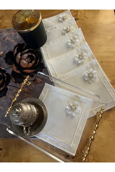 MİNOZA 6 Pieces of Embroidered Stain-Resistant Linen Gardenia Fabric Cocktail...