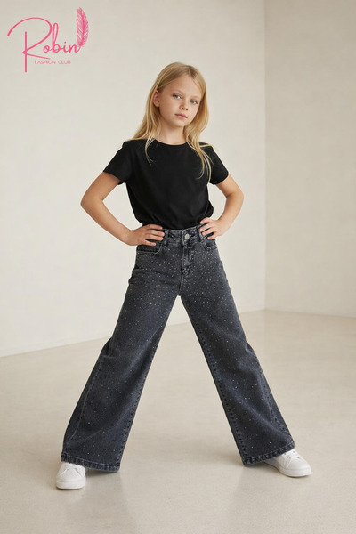 Asortix boutique KIZ ÇOCUK WİDE LEG JEAN / TAŞLI,YUMUŞACIK KOT PANTOLON