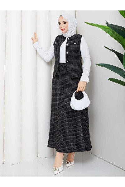 NURSİDA Women's Ecru Buttoned Hijab Two-Piece Set (Vest + Long Skirt)