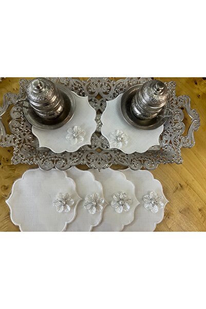 MİNOZA 6 Pieces of Embroidered Stain-Resistant Gardenia Fabric Cocktail & Cof...