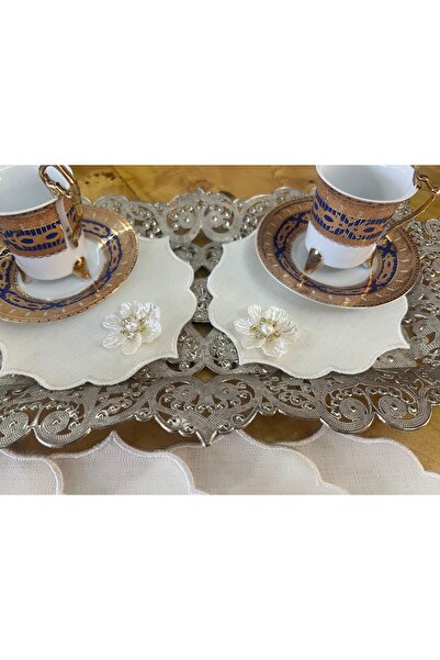 MİNOZA 6 Pieces of Embroidered Stain-Resistant Gardenia Fabric Cocktail & Cof...