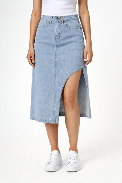 Lighter Jeans Kadın Yüksek Bel Ön Yırtmaçlı Açık Mavi Kot Midi Etek