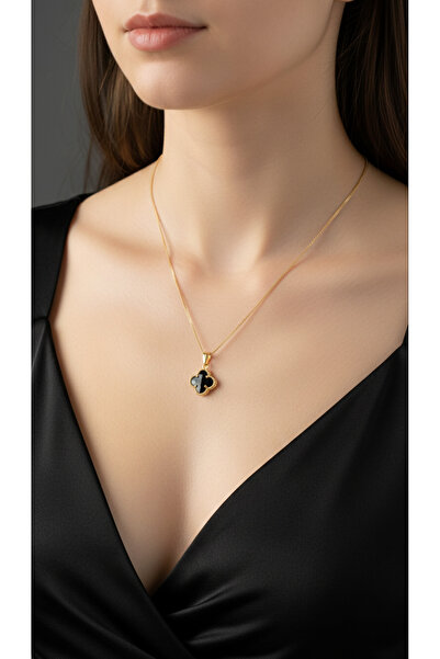 Elmosia Jewelry Gold Siyah Taşlı Yonca Kolye – 14K Altın Kaplama, Kararmaz, Ş...