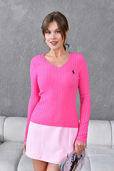 Park Karon Women's V-Neck Knit Detail Premium Yarn Knitwear Sweater 224325