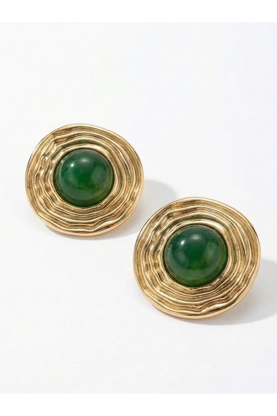 Snartun Gold Color Round Shape Green Stone Detailed Textured Women's Earrings...