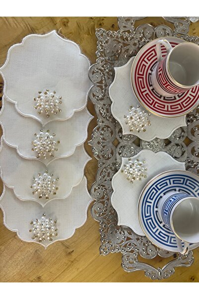 MİNOZA 6 Pieces of Embroidered Stain-Resistant Gardenia Fabric Cocktail & Cof...