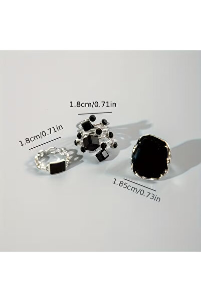 Takıtolia Wynter Model Set of 3 Black Natural Stone Look Silver Color Ring Co...