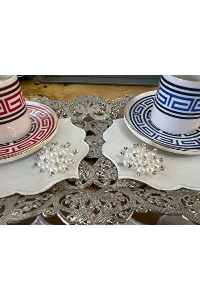 MİNOZA 6 Pieces of Embroidered Stain-Resistant Gardenia Fabric Cocktail & Cof...