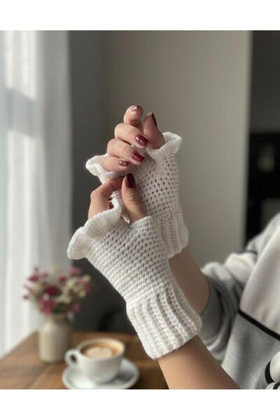 EL YAPIMI Fırfır detaylı parmaksız eldiven el örgüsü