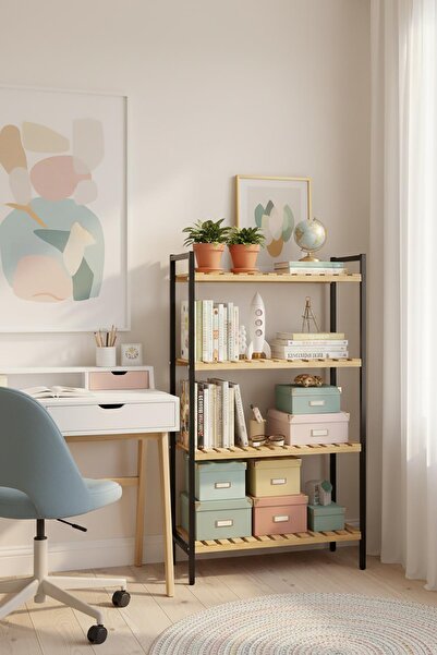 Exent Çocuk Odası Kitaplığı, Ahşap Ham Verniksiz Doğal Kitaplık, 4 Raflı Ahşa...