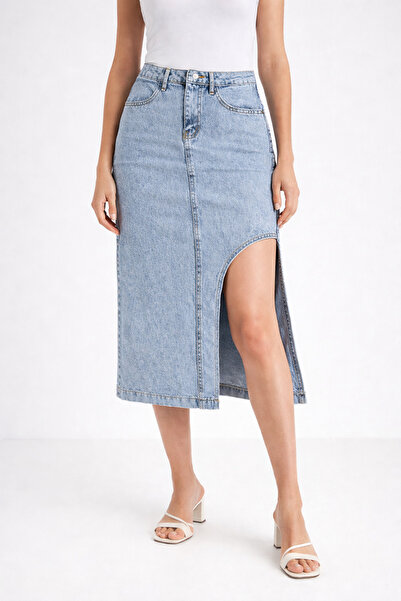 Lighter Jeans Γυναικεία ψηλόμεση μίντι φούστα τζιν με σκίσιμο μπροστά σε χρώμ...