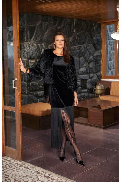 EXPLOSION Kadife Püskül Detaylı Midi Elbise