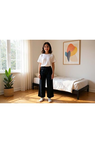 RYZE ÇOCUK Черни вискозни момичешки панталони с широки крачоли и шнур