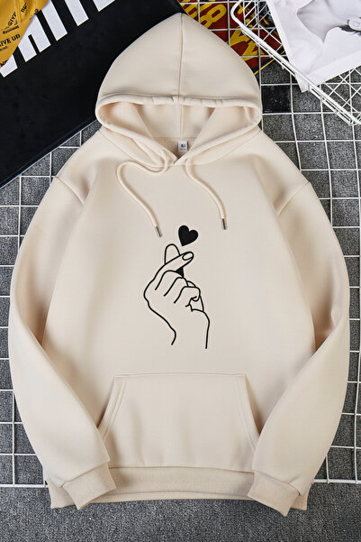 EFFRENATU Finger Heart Graphic Print Hooded Oversized Sweatshirt
