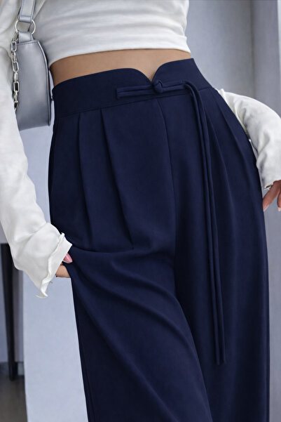 Hazel Women's navy blue high-waisted palazzo pants with elastic back and draw...