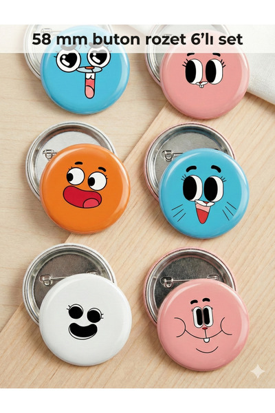 Bee Craft Co Gumball ve Darwin Temalı 6'lı 58mm Rozet Seti - Watterson Ailesi...