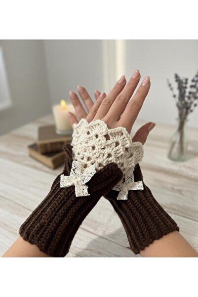 EL YAPIMI Vintage esintili kahve-ekru fiyonklu el örgüsü eldiven